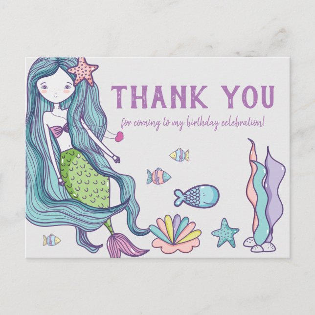 Mermaid Birthday Party Thank You Postcard (Front)