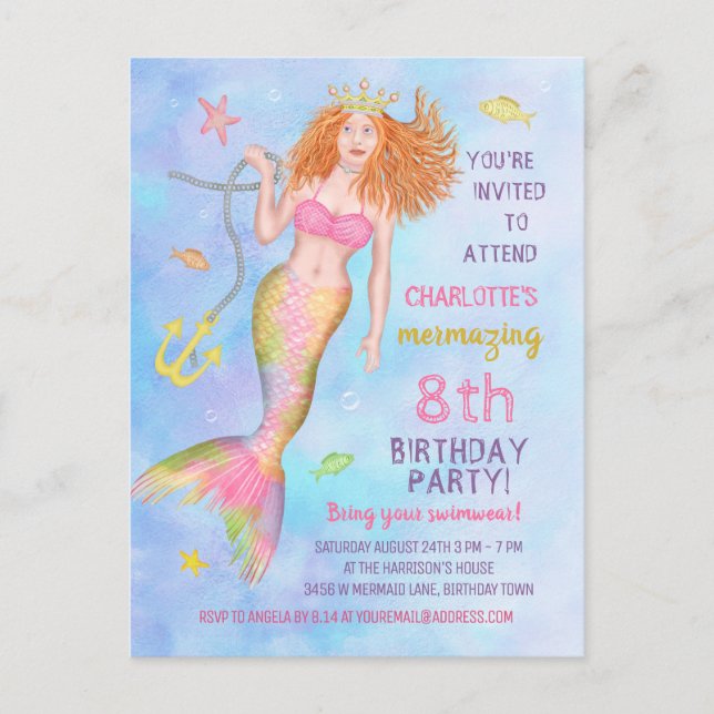 Mermaid Birthday Party Under the Sea Beach Redhead Invitation Postcard (Front)