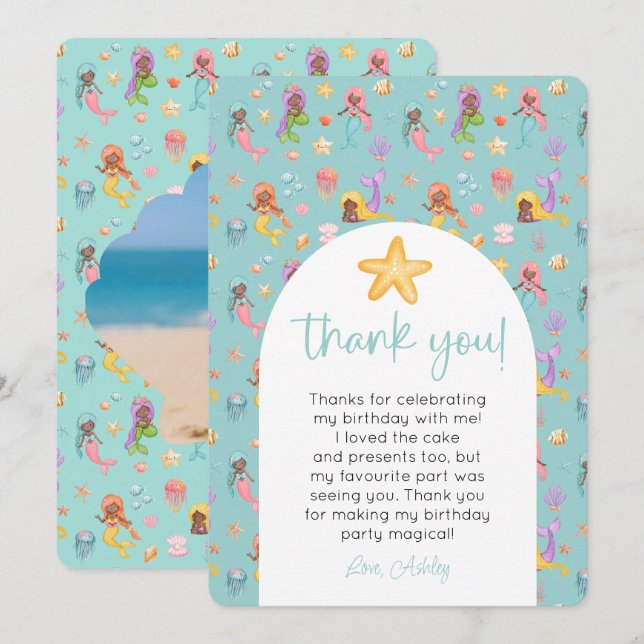 Mermaid Birthday Photo Thank You Invitation (Front/Back)