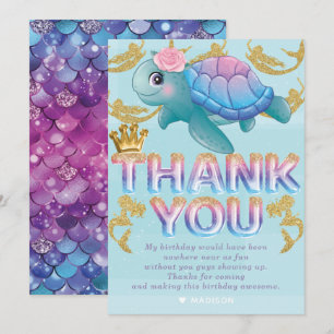 Mermaid Birthday Pink Blue Gold Thank You Card