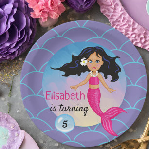 Mermaid birthday pink blue water waves beautiful paper plate