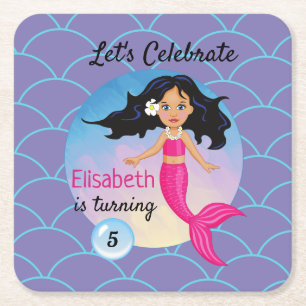 Mermaid birthday pink blue water waves beautiful square paper coaster