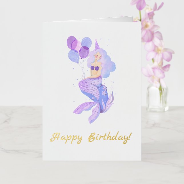 Mermaid Birthday Pink Foil Greeting Card (Orchid)
