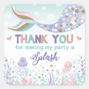 Mermaid Birthday Pool Party Thank You Tag Sticker