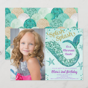Mermaid birthday teal purple gold glitter photo invitation