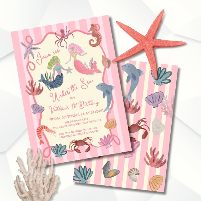 Mermaid Birthday under the sea coastal hand drawn Invitation (Creator Uploaded)