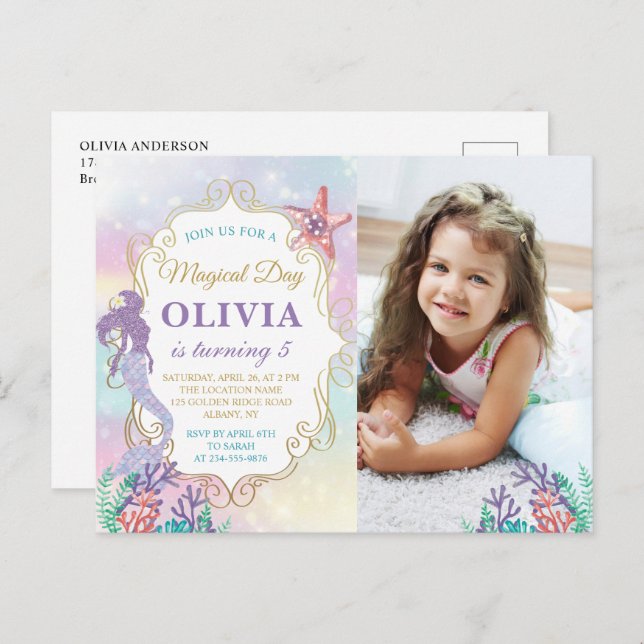 Mermaid Birthday Under The Sea  Photo Invitation Postcard (Front/Back)