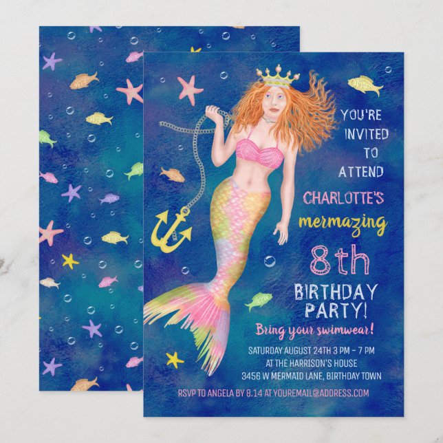 Mermaid Birthday Under the Sea Redhead Pool Party Invitation (Front/Back)