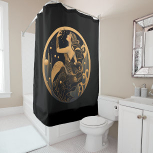 Mermaid Black and Gold Art Deco Shower Curtain