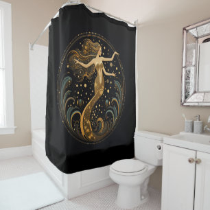 Mermaid Black and Gold Art Deco Shower Curtain