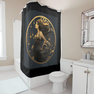 Mermaid Black and Gold Art Deco Shower Curtain