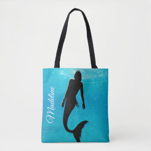 Mermaid Black Blue Ocean Summer Modern Beach Tote Bag