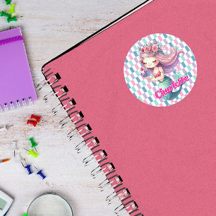Mermaid blocks pink name pattern classic round sticker