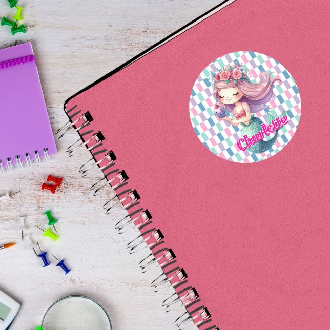 Mermaid blocks pink name pattern  classic round sticker (Creator Uploaded)