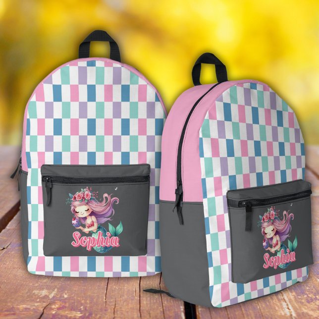 Mermaid blocks pink name pattern  printed backpack (Creator Uploaded)