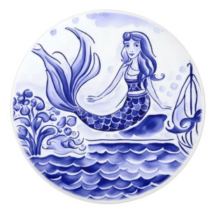 Mermaid Blue and White Mediterranean Folk Art Ceramic Knob
