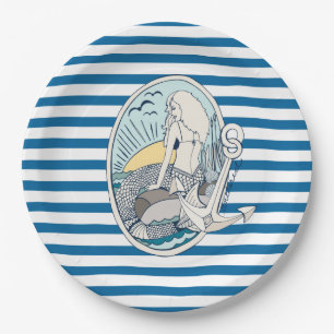 Mermaid Blue and White Stripe Paper Plates