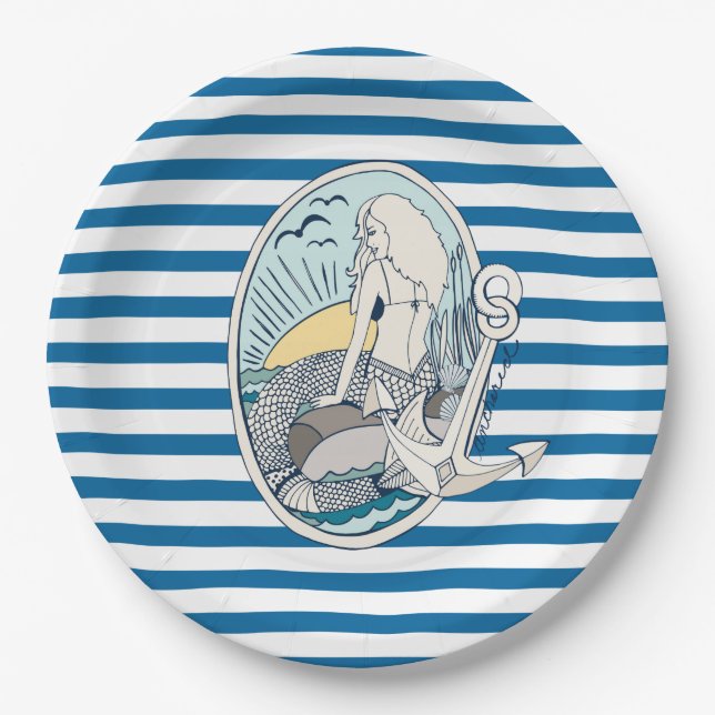 Mermaid Blue and White Stripe Paper Plates (Front)