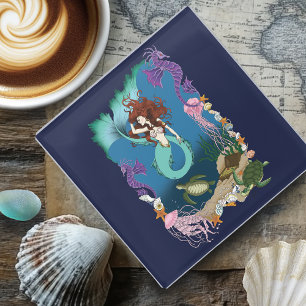 Mermaid Blue Fantasy Friends  Glass Coaster