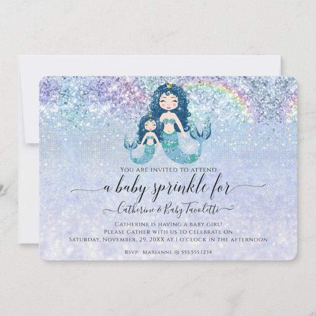Mermaid Blue Glitter Rainbow Baby Girl Sprinkle Invitation (Front)