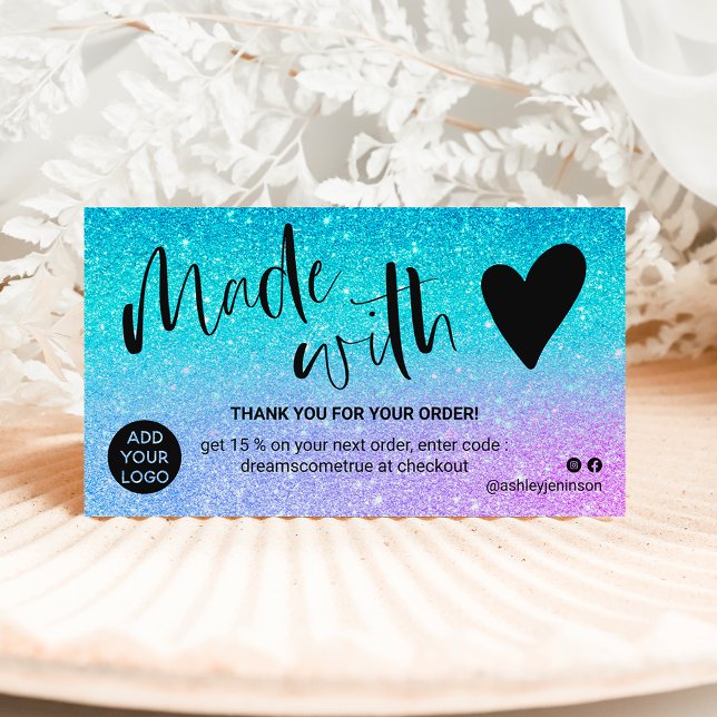 Mermaid blue glitter thank you made with love business card (Creator Uploaded)