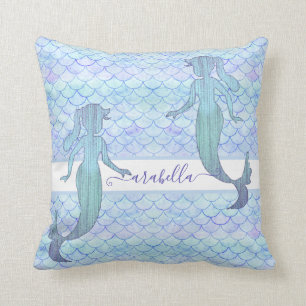 Mermaid Blue Purple Watercolor Fish Scale Name Cushion