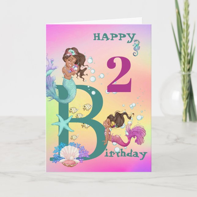 Mermaid Blue Rainbow Age Cute Birthday  Card (Front)