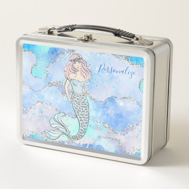 Mermaid Blue Silver Glitter Glam Personalised Metal Lunch Box (Front)
