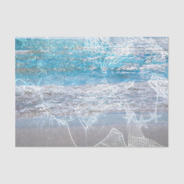 Mermaid Blue White Distressed Ocean Waves Tissue Paper (Front)