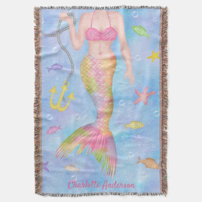 Mermaid Body | Underwater Fish Fantasy Custom Name Throw Blanket (Front Vertical)