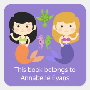 Mermaid Bookplate Purple Square Sticker