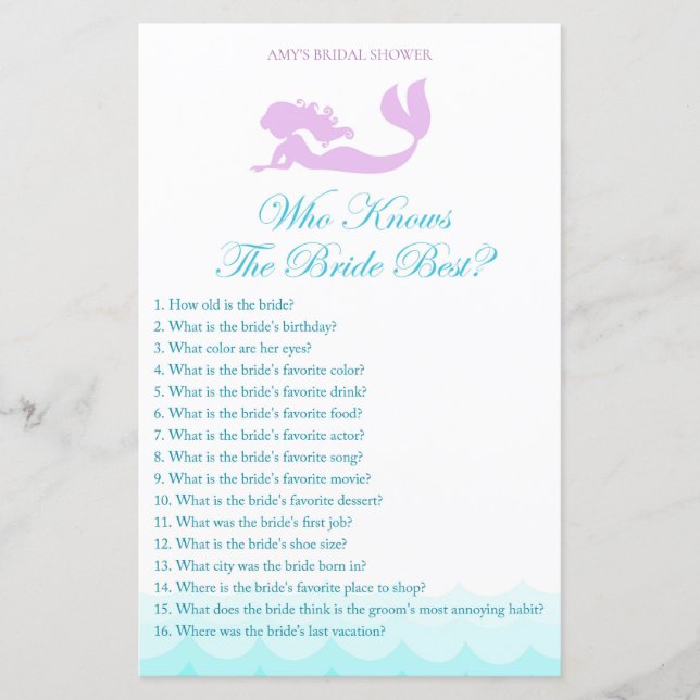 Mermaid Bridal Shower Game - Who knows Bride Best (Front)