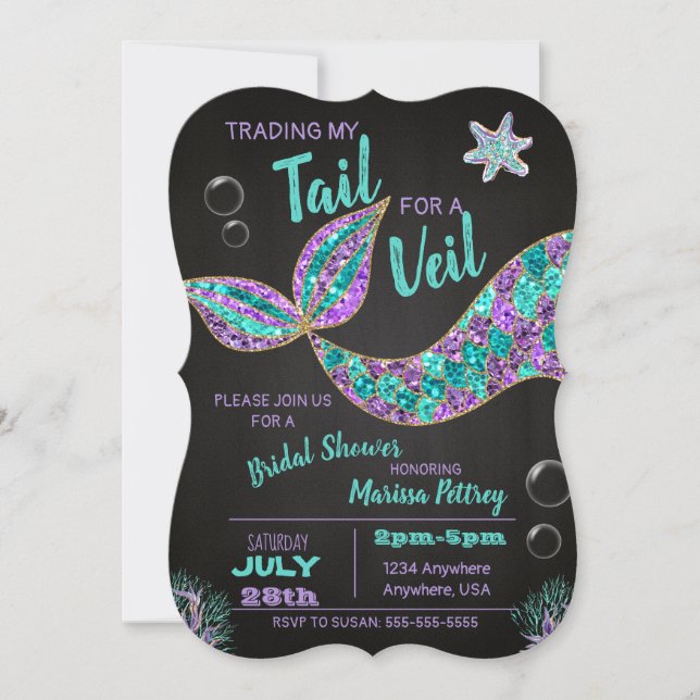 Mermaid  Bridal Shower invitation, glitter chalk Invitation (Front)
