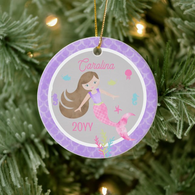 Mermaid Brown Hair Pink & Purple Photo Keepsake Ceramic Ornament (Tree)