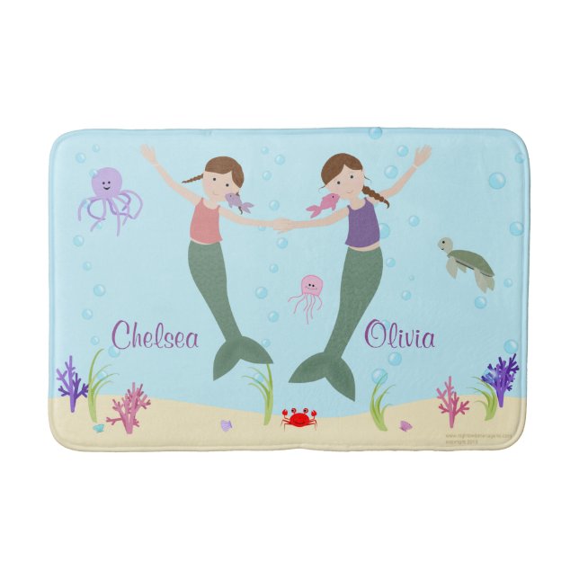 Mermaid Brown Hair Sisters Personalised Bath Mat (Front)
