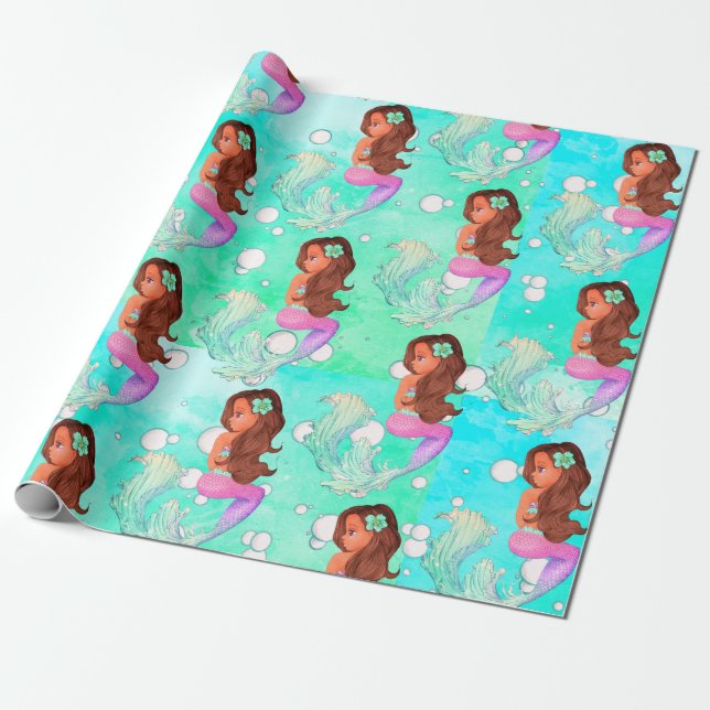 Mermaid Bubbles Blue Pink Dark Hair Bright Wrapping Paper (Unrolled)