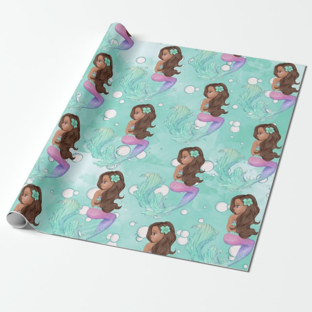 Mermaid Bubbles Blue Pink Dark Hair   Wrapping Paper (Unrolled)