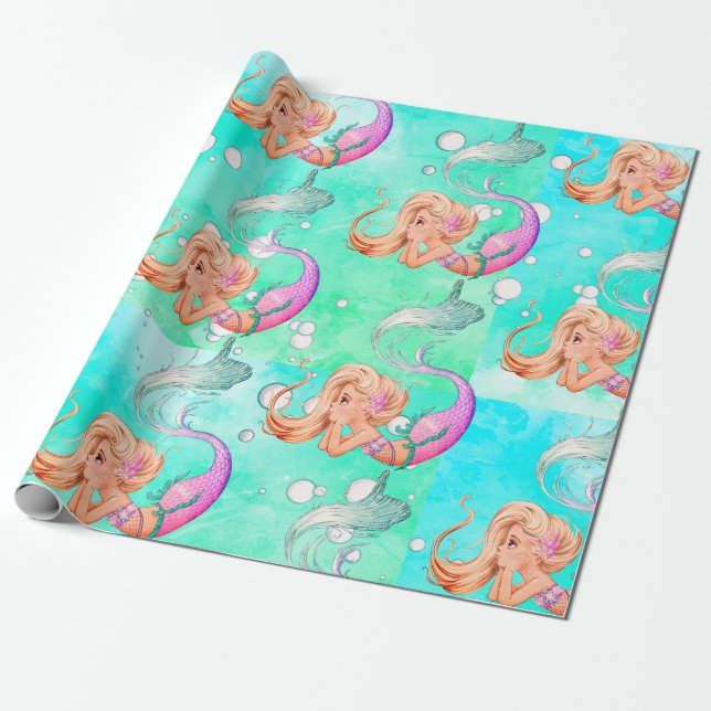 Mermaid Bubbles Bright Blue Gift    Wrapping Paper (Unrolled)