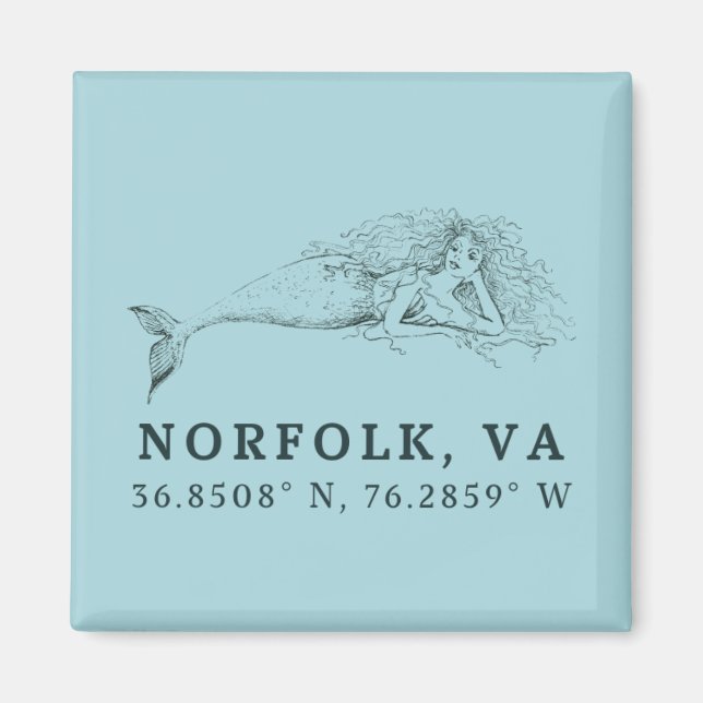 Mermaid Button Magnet - Coordinates of Norfolk VA (Front)