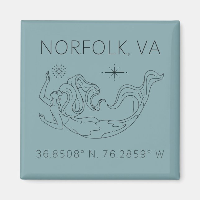 Mermaid Button Magnet - Coordinates of Norfolk VA (Front)