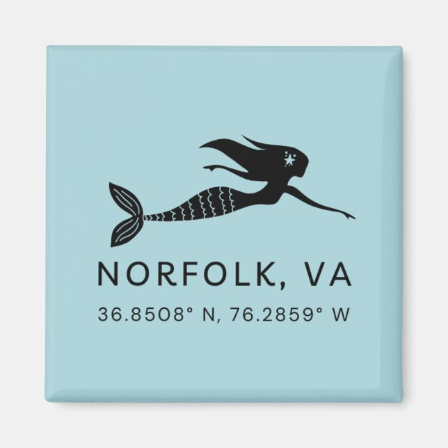 Mermaid Button Magnet - Coordinates of Norfolk VA (Front)