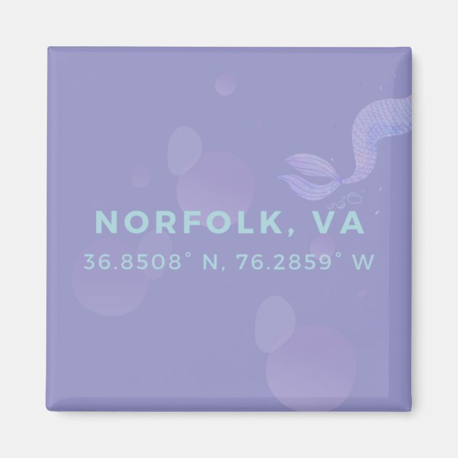 Mermaid Button Magnet - Coordinates of Norfolk VA (Front)