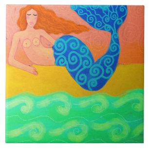 Mermaid by the Sea Abstract Digital Painting Ceramic Tile