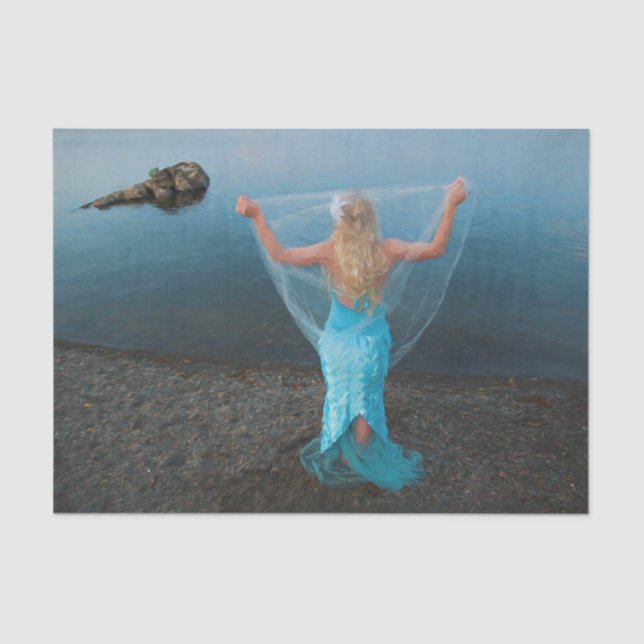 Mermaid By The Sea Blue Painted Nautical Fantasy Tissue Paper (Front)