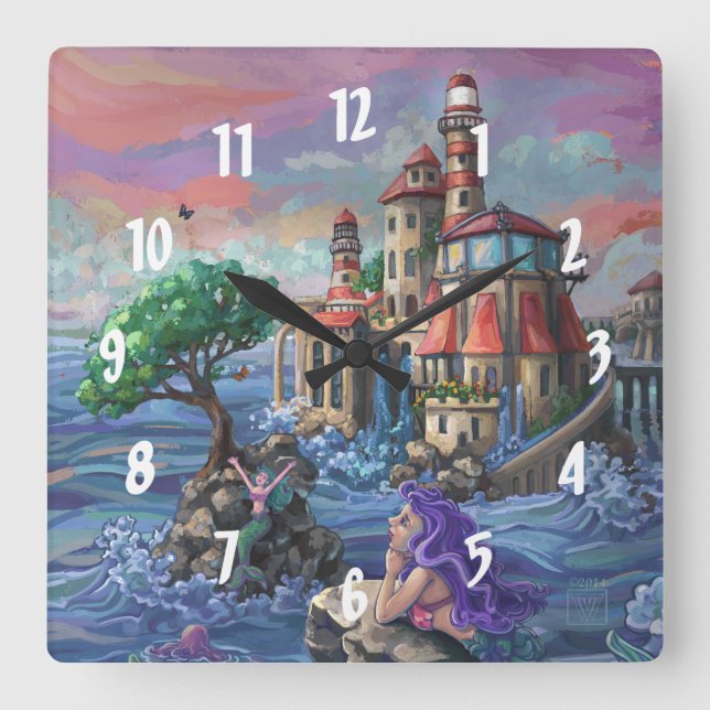 Mermaid Castle Square Wall Clock (Front)