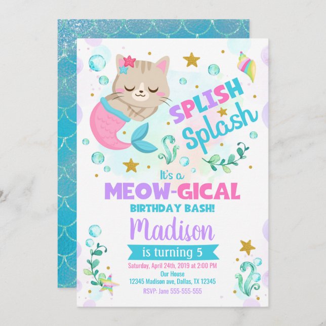 Mermaid Cat Birthday Invitation, Kitten Pool Party Invitation (Front/Back)