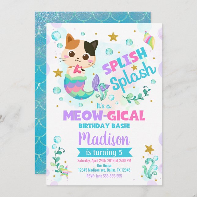 Mermaid Cat Birthday Invitation, Kitten Pool Party Invitation (Front/Back)