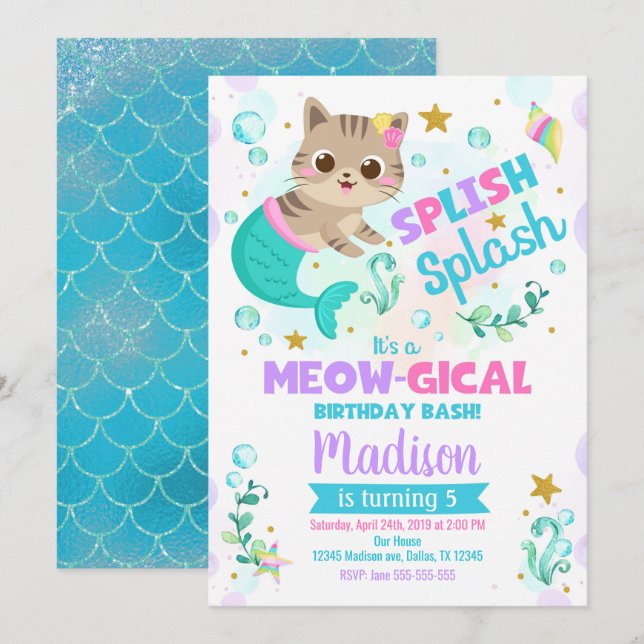 Mermaid Cat Birthday Invitation, Kitten Pool Party Invitation (Front/Back)