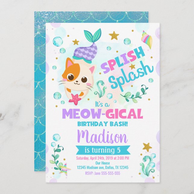 Mermaid Cat Birthday Invitation, Kitten Pool Party Invitation (Front/Back)