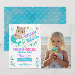 Mermaid Cat Birthday, Kitten Pool Party Photo Invitation